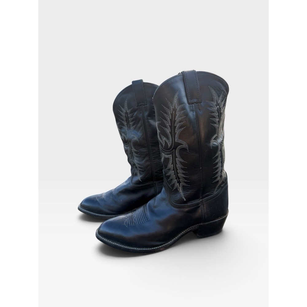 TONY LAMA BLACK LEATHER ROUND TOE Size 10.5 Men's MADE IN MEXICO Cowboy Boots